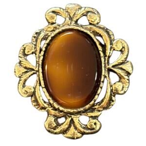 Vintage Faux Agate Cabochon Brooch Gold Tone Ornate Filigree Victorian Revival